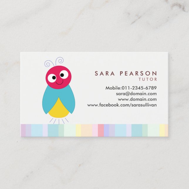 Tutor Cute Colorful Lightning Bug Business Card (Front)