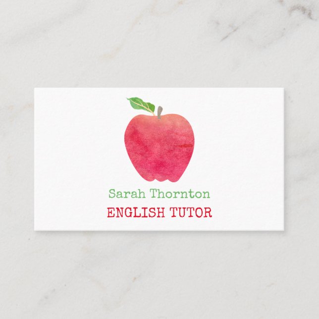 Tutoring Watercolor Red Apple Teacher Tutor Business Card (Front)