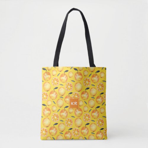 Tutti Fruiti Citrus Pattern with Monogram Yellow Tote Bag