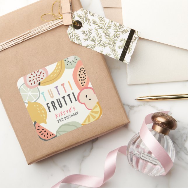 Tutti Frutti Colorful Fruit 2nd Birthday Square Sticker (Gifting)