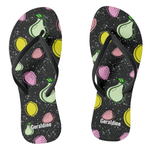 Tutti Frutti Fresh Fruits on Black Custom Name Flip Flops