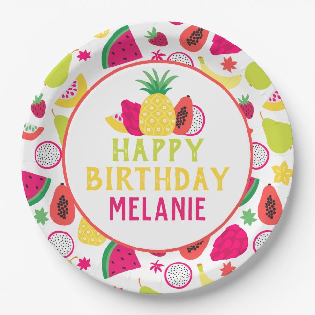Tutti Frutti Tropical Fruit Birthday Party Paper Plates (Front)