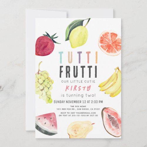Tutti Frutti Watercolor Fruit 2nd Birthday Invitation