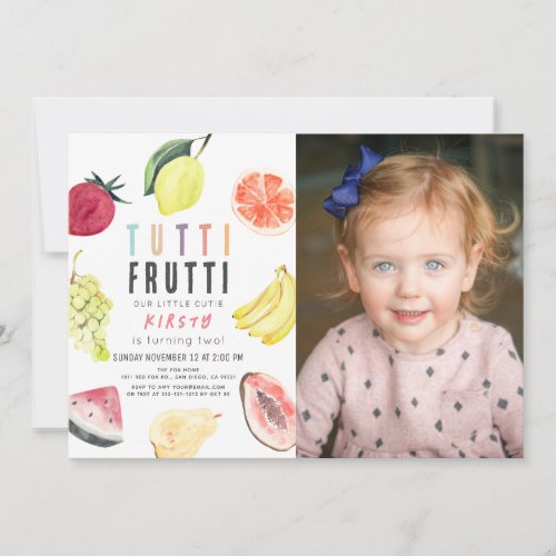 Tutti Frutti Watercolor Fruit 2nd Birthday Photo Invitation