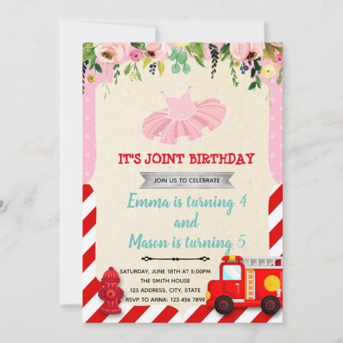 Tutu and firetruck joint party invitation
