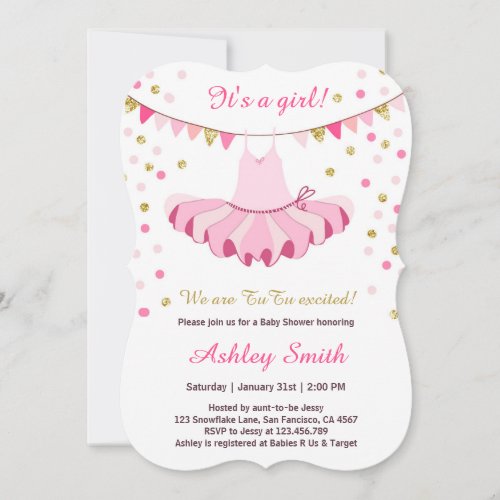TuTu Baby Shower Invitation Girl Pink Gold Glitter