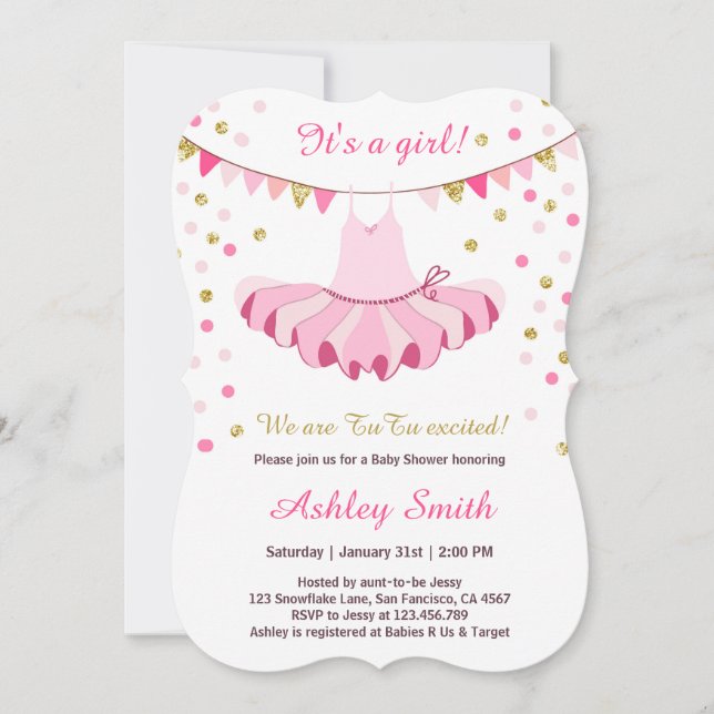 TuTu Baby Shower Invitation Girl Pink Gold Glitter (Front)