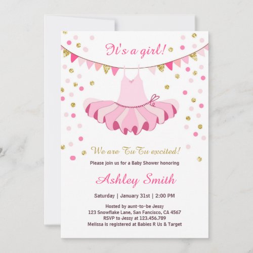 TuTu Baby Shower Invitation Girl Pink Gold Glitter