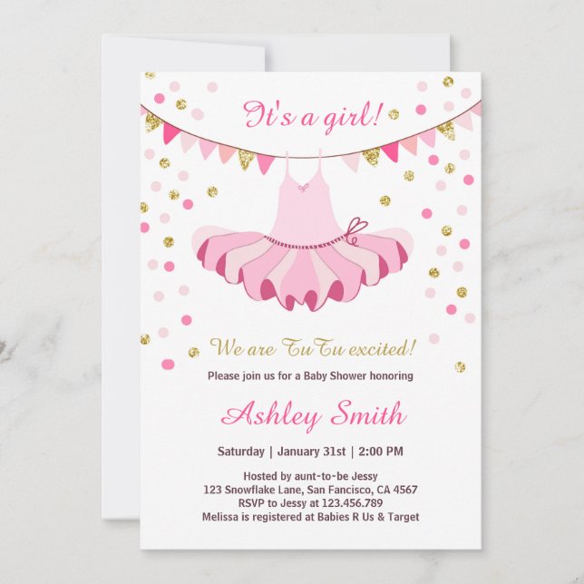 TuTu Baby Shower Invitation Girl Pink Gold Glitter (Front)