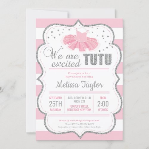 Tutu balerrina silver pink classic baby shower invitation