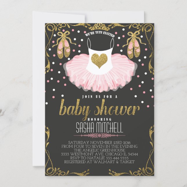 Tutu ballerina baby shower invitation, pink & gold invitation (Front)