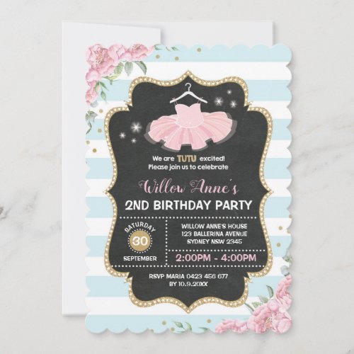 Tutu Ballerina Blue Pink Gold Birthday Invite