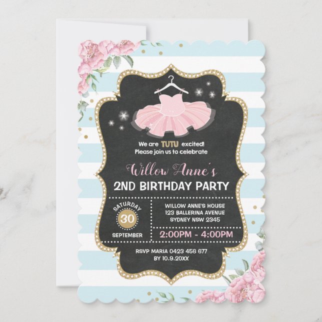 Tutu Ballerina Blue Pink Gold Birthday Invite (Front)