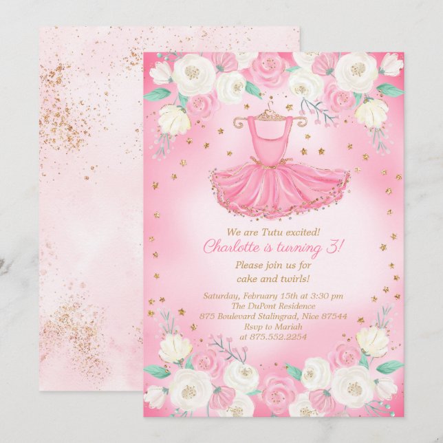 Tutu Ballerina Dress Glitter Birthday Invitation (Front/Back)