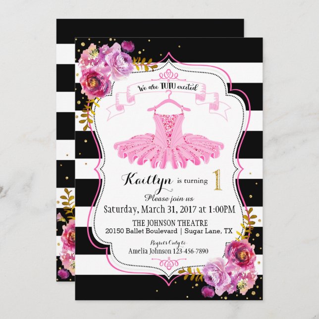 Tutu Ballerina Floral Sparkle First Birthday Invitation (Front/Back)