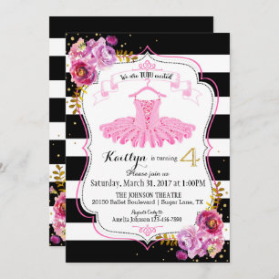 Tutu Ballerina Floral Sparkle Fourth Birthday Invitation