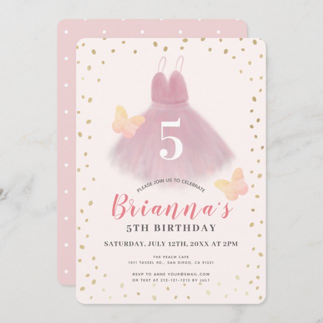 Tutu Ballerina Pink & Gold Girl Birthday Invitation (Front/Back)