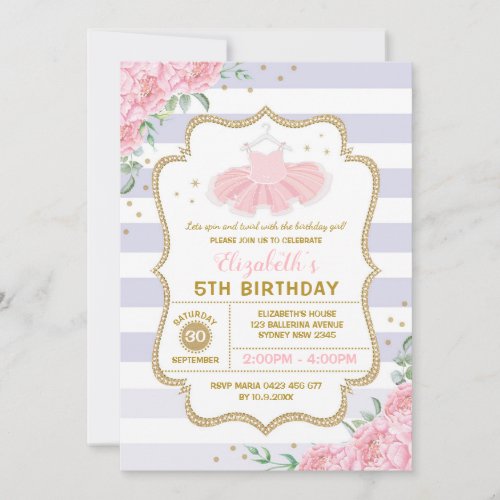 Tutu Ballerina Purple Pink Gold Floral Birthday Invitation