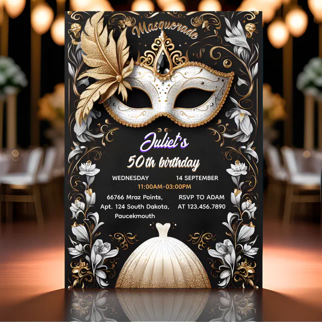 tutu black gold chic Masquerade 50th Birthday Invitation | Zazzle