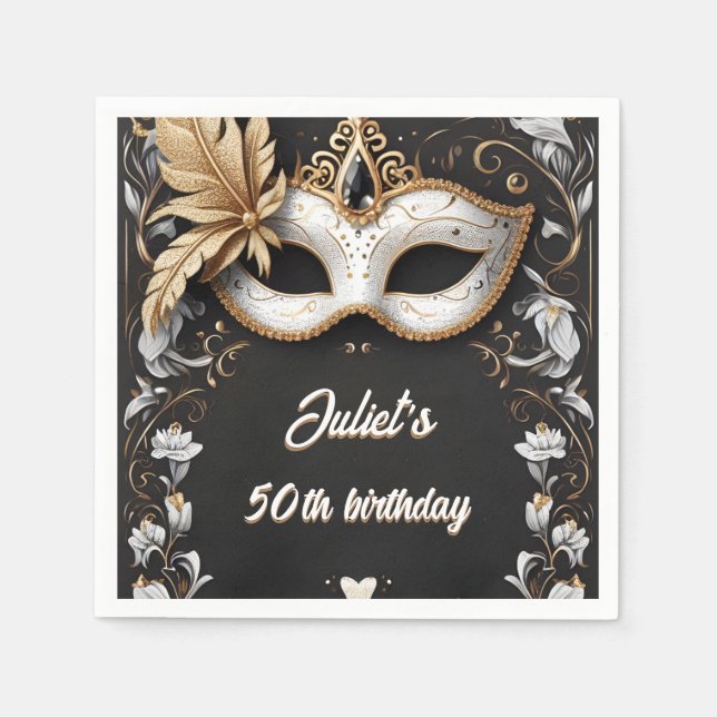 tutu black gold chic Masquerade 50th Birthday Napkins (Front)