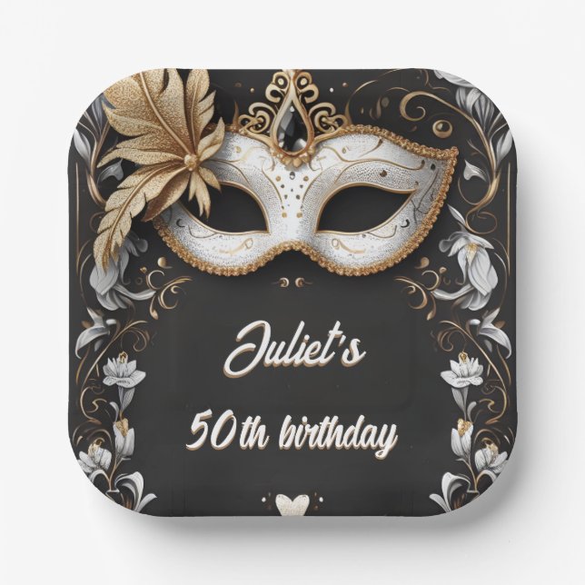 tutu black gold chic Masquerade 50th Birthday Paper Plates (Front)
