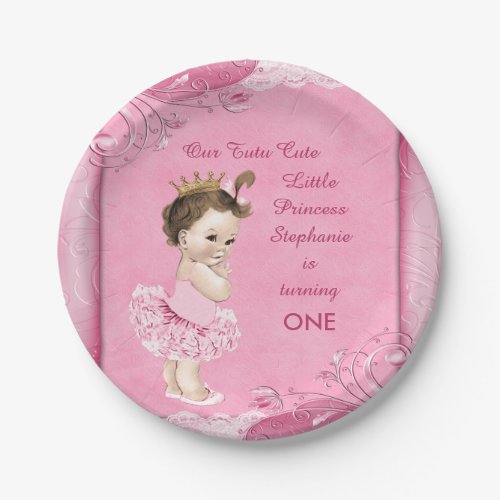 Tutu Cute 1st Birthday Brunette Princess Faux Lace Paper Plates