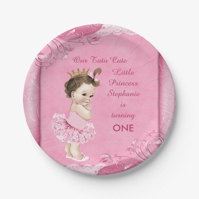 Tutu Cute 1st Birthday Brunette Princess Faux Lace Paper Plates (Front)