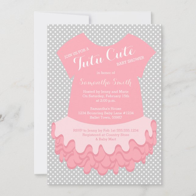 Tutu Cute Baby Shower Invitation Pink and Grey (Front)