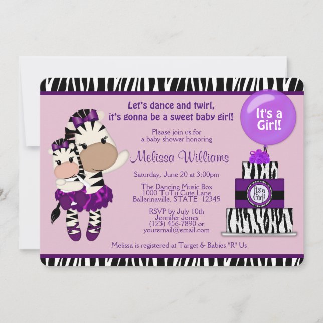 TuTu Cute Baby Shower ZEBRA Lavendar Purple 085 Invitation (Front)