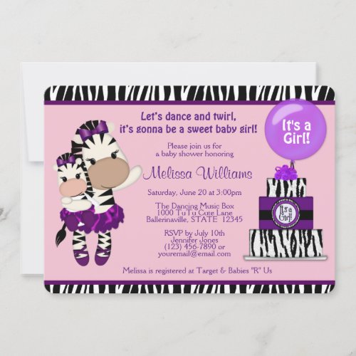 TuTu Cute Baby Shower ZEBRA Lavendar Purple 085 Invitation