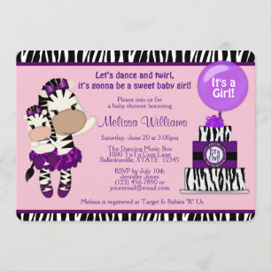 TuTu Cute Baby Shower ZEBRA Lavendar Purple 085 Invitation