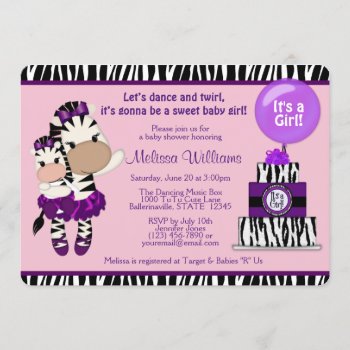 Tutu Cute Baby Shower Zebra Lavendar Purple 085 Invitation by MonkeyHutDesigns at Zazzle