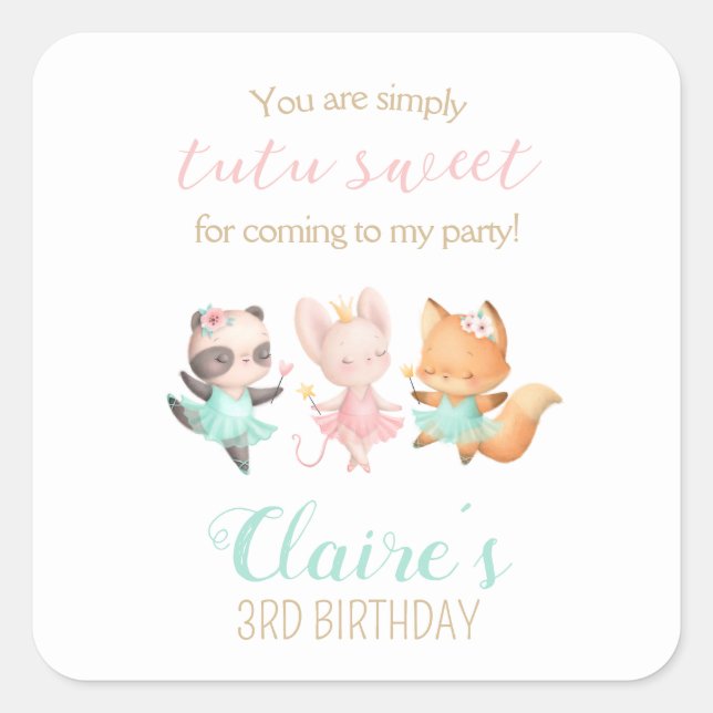 Tutu Cute Ballerina Animal birthday party favor  Square Sticker (Front)
