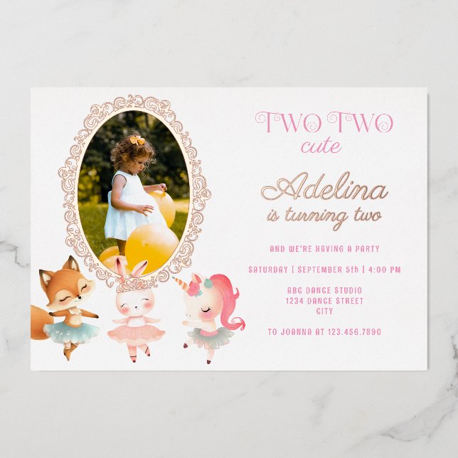 Tutu Cute Ballerina Ballet Animals Birthday Party Foil Invitation (Front)
