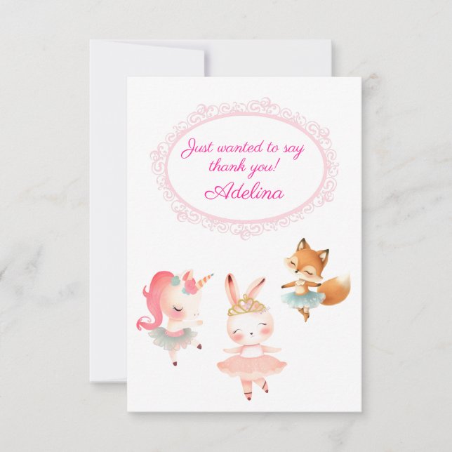 Tutu Cute Ballerina Ballet Animals Birthday Party Thank You Card (Front)