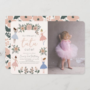 Tutu Cute Ballerina Floral Girl Photo 2nd Birthday Invitation
