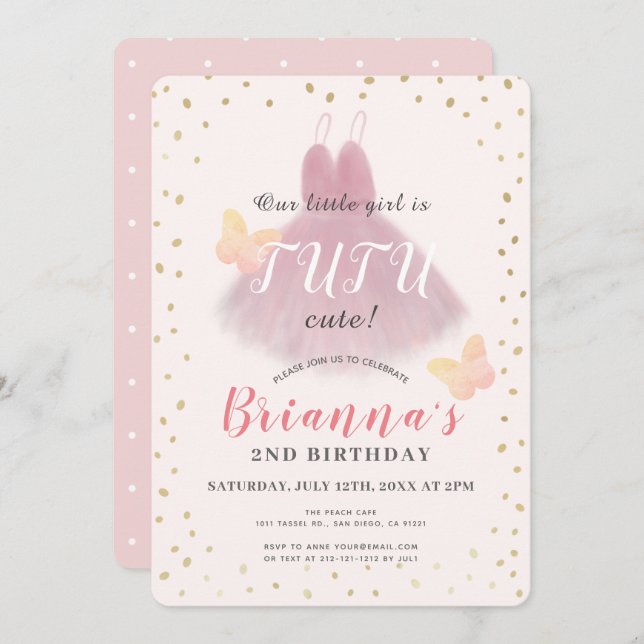 Tutu Cute Ballerina Pink & Gold Girl 2nd Birthday Invitation (Front/Back)