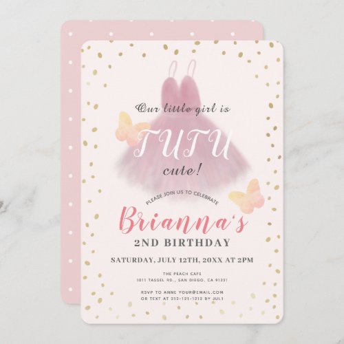 Tutu Cute Ballerina Pink  Gold Girl 2nd Birthday Invitation