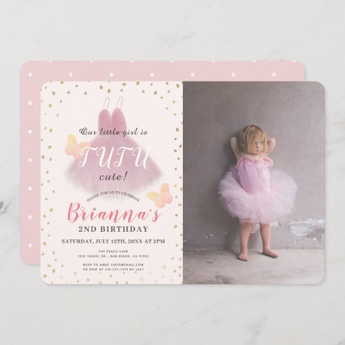 Tutu Cute Ballerina Pink  Gold Photo 2nd Birthday Invitation