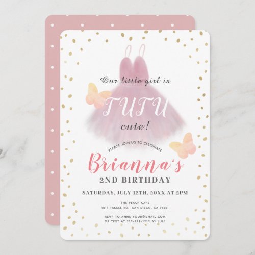 Tutu Cute Ballerina Pink  White Girl 2nd Birthday Invitation