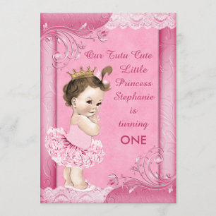 Tutu Cute Brunette Princess 1st Birthday Faux Lace Invitation