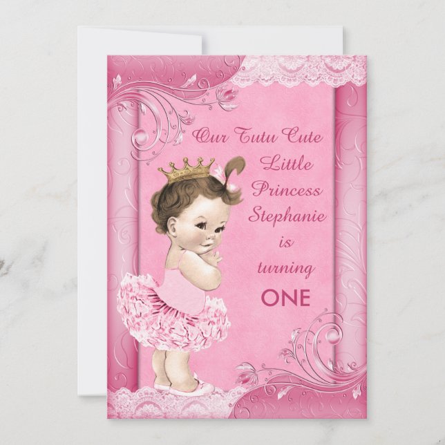 Tutu Cute Brunette Princess 1st Birthday Faux Lace Invitation (Front)