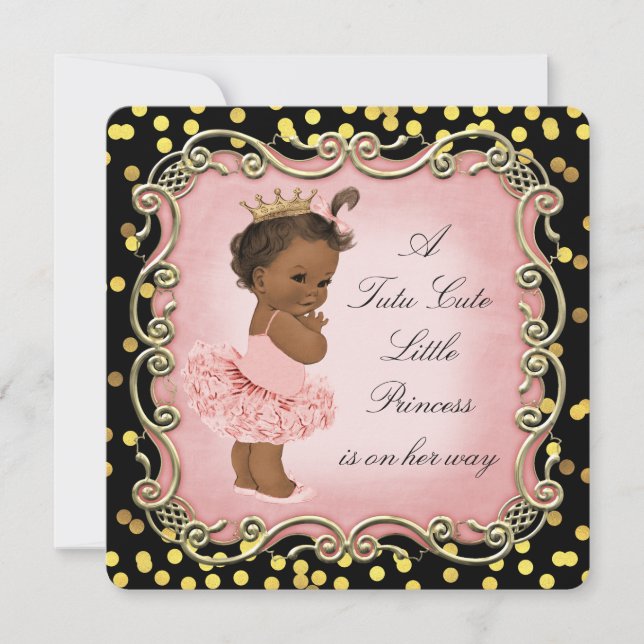 Tutu Cute Ethnic Princess Black Gold Confetti Invitation (Front)
