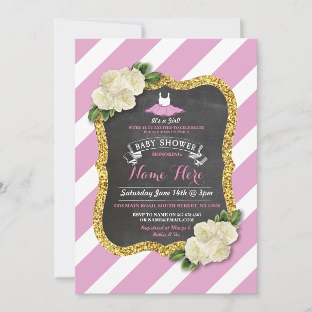 Tutu Cute Girl Rose Pink Ballet Baby Shower Invite (Front)