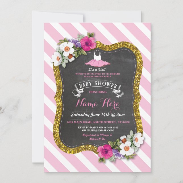 Tutu Cute Girl Rose Pink Ballet Baby Shower Invite (Front)