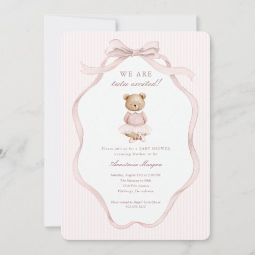 Tutu Excited Pink Coquette Teddy Bear Baby Shower Invitation