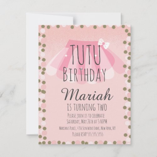 Tutu Girls Birthday Pink Faux Glitter Dots Invitation