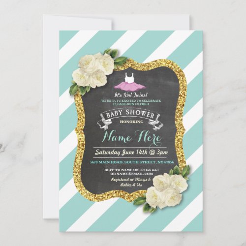 Tutu Mint Gold Glitter Ballet Baby Shower Invite