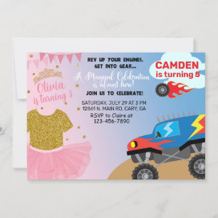 Tutu & Monster truck siblings birthday invitation. Invitation