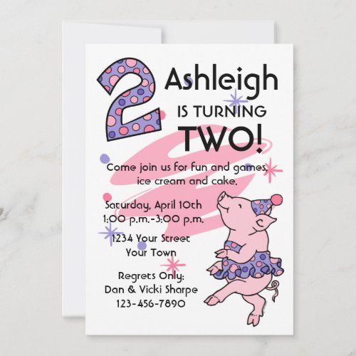 Tutu Piggy 2nd Birthday Custom Invitations